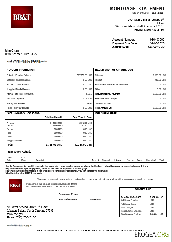 États , Unis Caroline du Nord BB&T Corp. relevé d'hypothèque bancaire aux formats Word et PDF